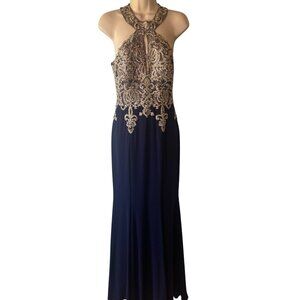 Xscape Crystal Embroidered Racerback Gown‎ in Blue/Gold Size 6 Prom Formal